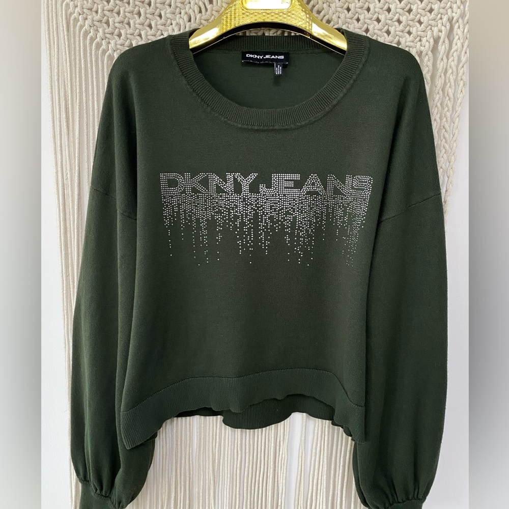 Y2K DKNY Olive green Long Puff-Sleeve with Rhinestone pullover Sweatshirt